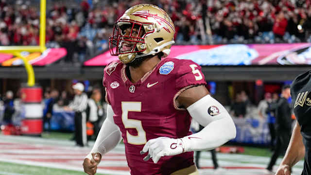 Dec 2, 2023; Charlotte, NC, USA; Florida State Seminoles defensive lineman Jared Verse (5) during warm-ups against the Louisville Cardinals at Bank of America Stadium.